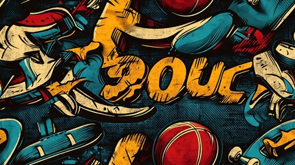 A seamless graffiti pattern blending basketballs, skateboards, and urban sports graffiti tags, highlighted with neon paint splatters and dynamic lines,