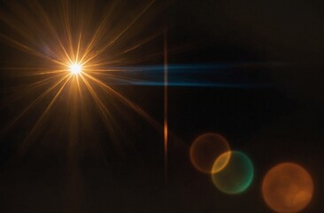 Lens flare and light overlay on black background. orange color. Lens Flare, Sun Flare on black background. Optical Flare effect illustration. lens effects for overlay designs or screen blending mode
