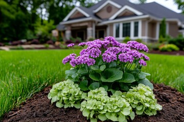 Purple archangel plant in bloom, its tiny pinkish-purple flowers clustered together, with soft green leaves below, adding charm to a backyard garden