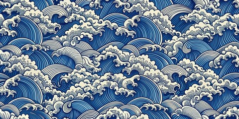 seamless Japanese wave pattern with wood cut style blue pattern with ocean texture