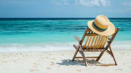 A straw hat sits on a wooden beach chair on a white sandy beach with turquoise water.