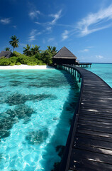 Fototapeta premium Black wooden bridge leading to an island in the ocean