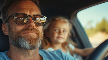 A man and a little girl are in a car, with the man wearing sunglasses