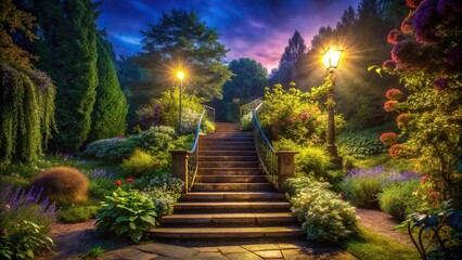 Night scene in a romantic garden with a stairway, HD wallpapers of a garden of roses, forced perspective