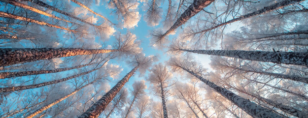 Majestic view from the base of tall snow covered trees, looking upwards towards the sky during a winter sunset. International Day of Forests.