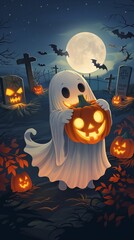 A friendly ghost holding a glowing pumpkin in a moonlit graveyard, with smiling jack-o-lanterns and bats softly glowing in the background.