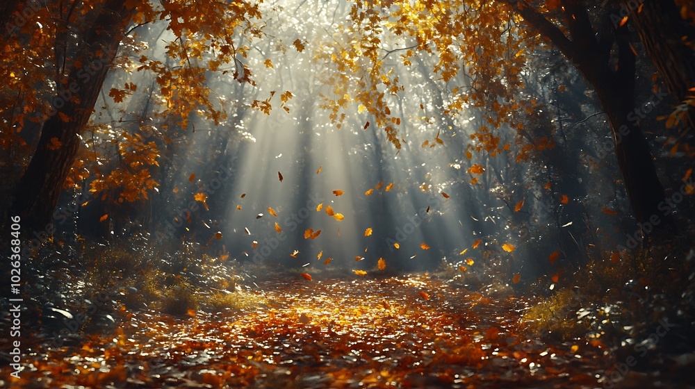 Poster a serene forest scene with sunlight filtering through trees, illuminating falling autumn leaves on a