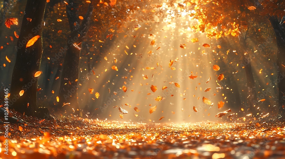 Poster A serene forest scene with sunlight streaming through trees, illuminating falling autumn leaves and creating a magical atmosphere.
