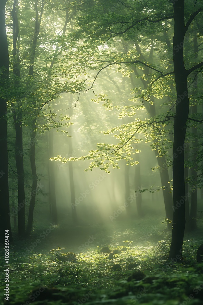 Aufkleber a serene forest scene bathed in soft light, with lush green foliage and sunbeams filtering through t