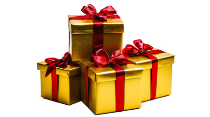 Obraz premium A stack of gold boxes with red bows on top