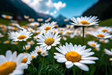 Fototapeta premium Sunny field of daisies stretching across a valley, with the white petals contrasting against the green grass and the blue sky above