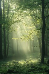 Obraz premium A serene forest scene bathed in soft light, with lush green foliage and sunbeams filtering through the trees, creating a tranquil atmosphere.