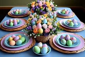Obraz premium Traditional Easter table setup, with pastel-colored plates, flower centerpieces, and baskets filled with decorated eggs, creating a cozy and festive atmosphere