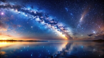 Naklejka premium Night sky reflecting on water surface with panoramic view of clouds and stars, creating a depth of field effect