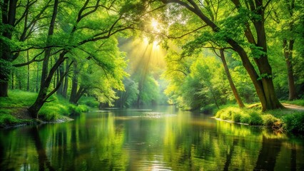 Obraz premium Serene forest next to tranquil river with sunlight filtering through lush green trees