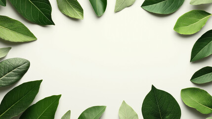Fototapeta premium Assorted green leaves arranged in a circle on a light background, creating a natural frame with space in the center.