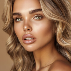 Fototapeta premium Blonde Woman with Radiant Natural Makeup. Close-up portrait of a blonde woman with glowing skin, natural makeup, and wavy hair, showcasing a soft and luminous look.