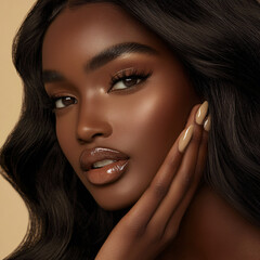 Obraz premium Elegant Woman with Glowing Skin Touching Face. Close-up of a beautiful woman with radiant skin, glossy lips, and manicured nails gently touching her face against a neutral background.