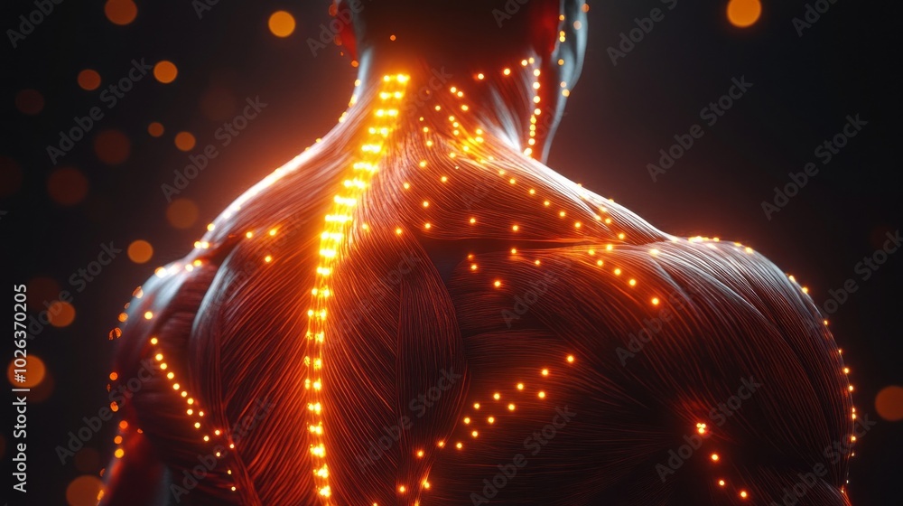 Poster a man's body is lit up with glowing red lights, creating a futuristic