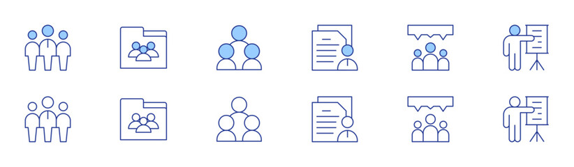 People icon set in two styles, Duotone and Thin Line style. Editable stroke. form, team leader, group chat, presentation, data, networking