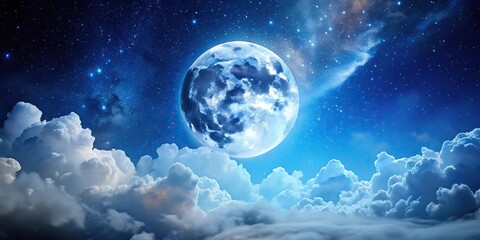 Night sky with full moon, white clouds and stars in blue tone