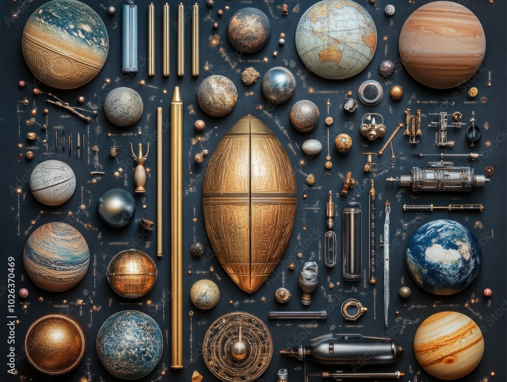 Poster a flat lay of various celestial objects including planets, globes, and other space-themed items on a