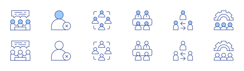 People icon set in two styles, Duotone and Thin Line style. Editable stroke. meeting, negotiation, employee, mediator, gear, collaboration