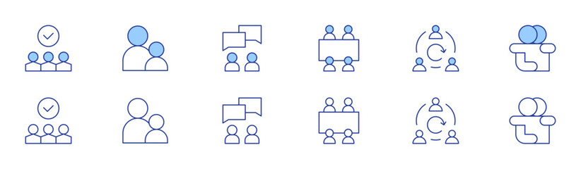 People icon set in two styles, Duotone and Thin Line style. Editable stroke. meeting, vote, mentoring, conversation, agile team, hug