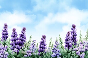 Watercolor painting of a Pasque flower field, with soft purples and greens blending together, creating a dreamy, natural scene of blooming flowers in a meadow