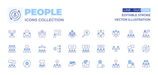 People icons collection. Line Duotone style, editable stroke. discussion, meeting, queue, workers, jigsaw, protest, topic, human resources, user, heart, engagement, support