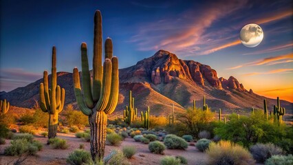 Sunset in Arizona desert with mountain and cactus