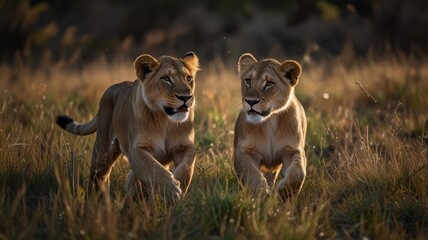 Obraz premium Two young lion cubs run through tall grass in the golden light of the setting sun.