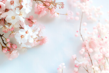 Soft pink and white cherry blossoms are beautifully arranged on a clean white surface, evoking feelings of tranquility and the charm of springtime elegance