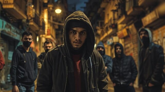 Masked hooded figures in urban setting. Mysterious group at night with concealed identities. Tense atmosphere. Potential gang or criminal activity. Urban subculture and youth unrest