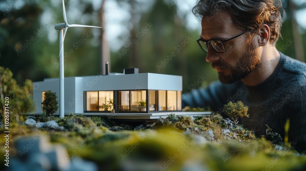 Poster a man is working on a model of a house with a wind turbine