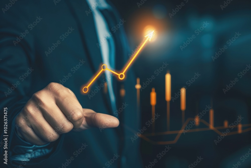 Wall mural businessman pointing at digital orange rising chart. financial market analysis and success concept. 