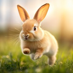 A cute rabbit joyfully hopping through a grassy field in soft sunlight.