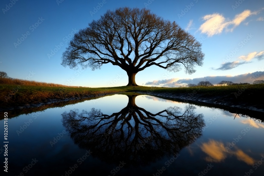 Poster willow tree at dusk, its silhouette reflecting in the water of a small pond, with the fading light c
