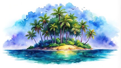 Fototapeta premium Night tropical island watercolor on white background forced perspective