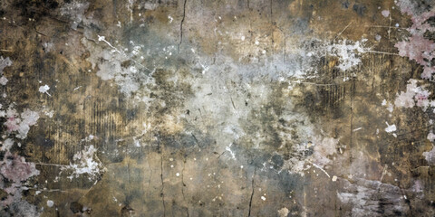 Obraz premium An abstract arrangement of muted colors features splatters and scratches, creating an aged, textured look. Earthy tones blend with hints of gray and white, adding depth and a sense of antiquity.AI gen