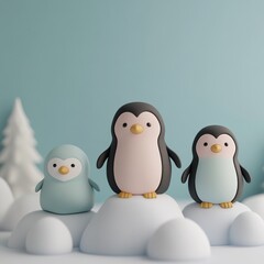 Fototapeta premium Three cartoon penguins on snowy hills with a soft background.