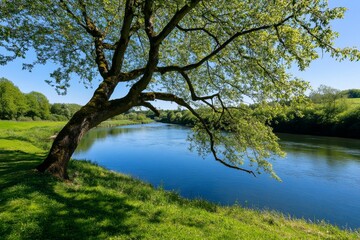 Obraz premium Willow tree standing tall by a riverbank, its drooping branches swaying gently in the wind, framing the riverâ€™s edge in a serene woodland setting