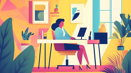 Woman Working at a Desk with Plants in a Colorful Room