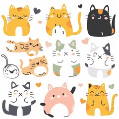 Cute Cartoon Cats in Various Poses With Hearts and Playful Expressions