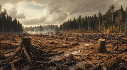 Obraz premium The aftermath of logging: broken branches, torn-up soil, stumps, and uprooted trees scattered across a barren landscape that once was a dense forest 