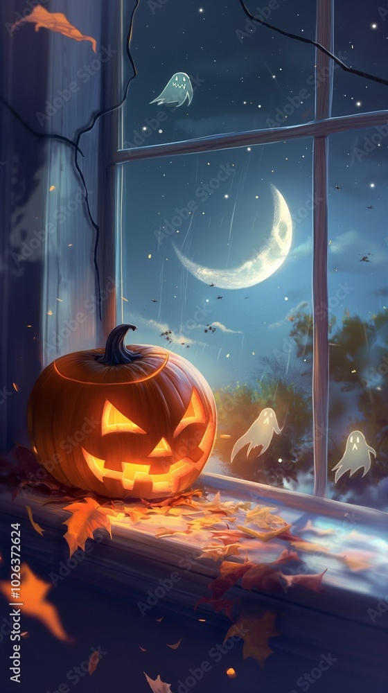 Poster a peaceful scene of a glowing jack-o-lantern on a windowsill, with a clear view of a crescent moon a