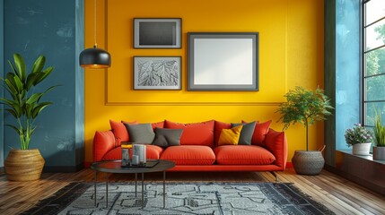 Living room with orange sofa and vibrant yellow wall in a contemporary home. Bold interior design