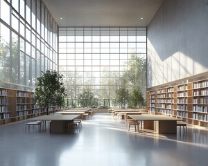 Minimalist public library with neutral color tones, blank wall space for community events or art, long study tables, and large ceilingtofloor windows, 3D rendering