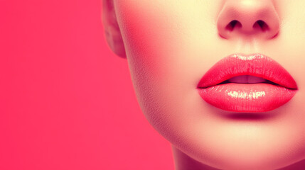 Fototapeta premium Close up of a woman lips with glossy pink lipstick against a vibrant pink background