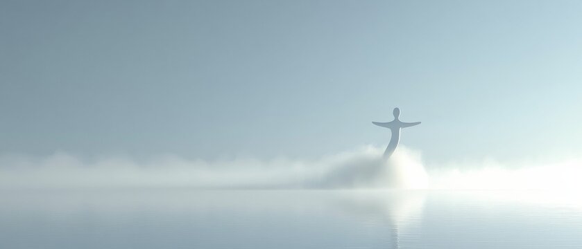 A white figure stands in the misty air above a body of water